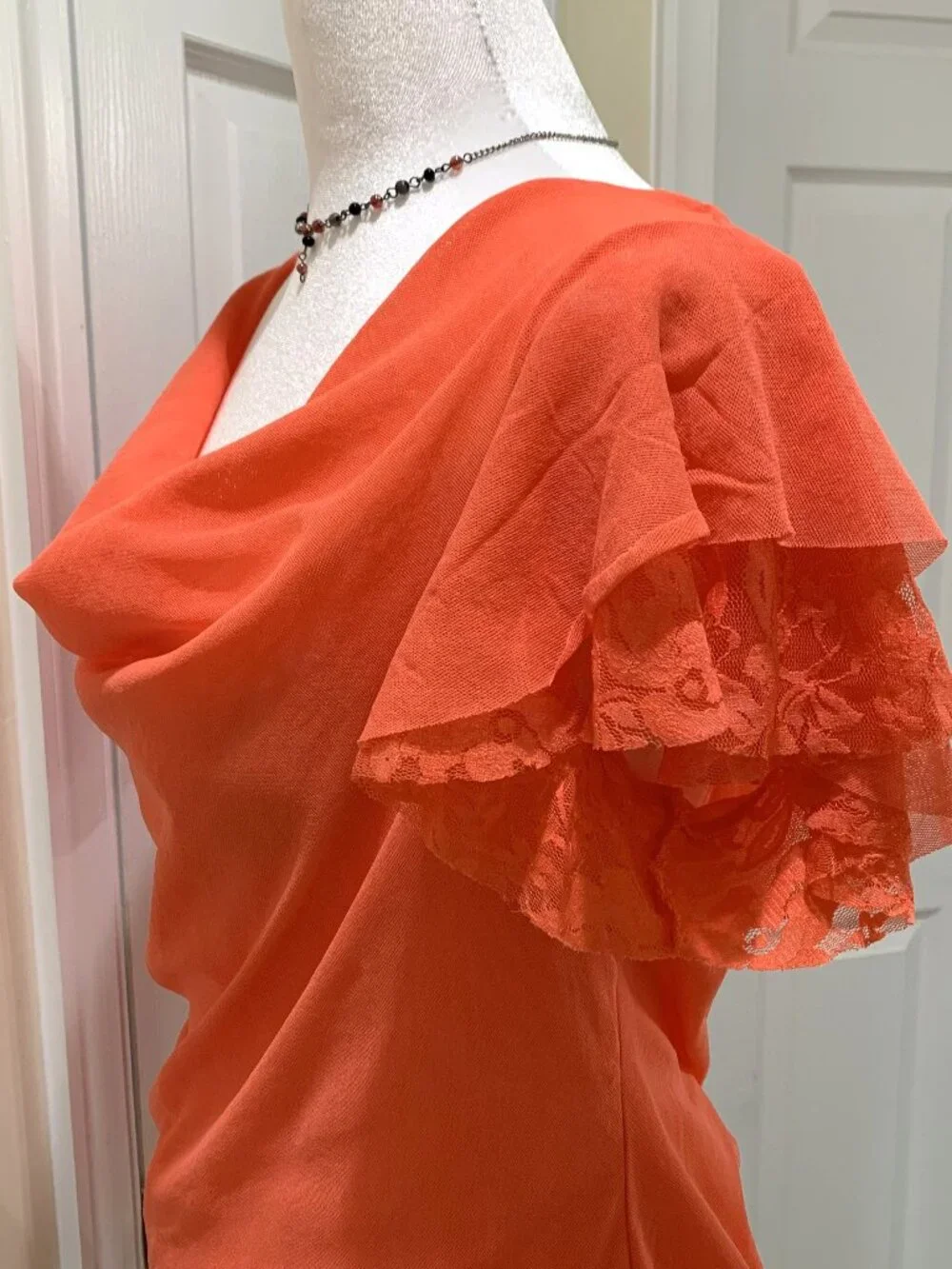 Worthington Orange Cowl Neck Blouse with Lace Flutter Short Sleeves Women L